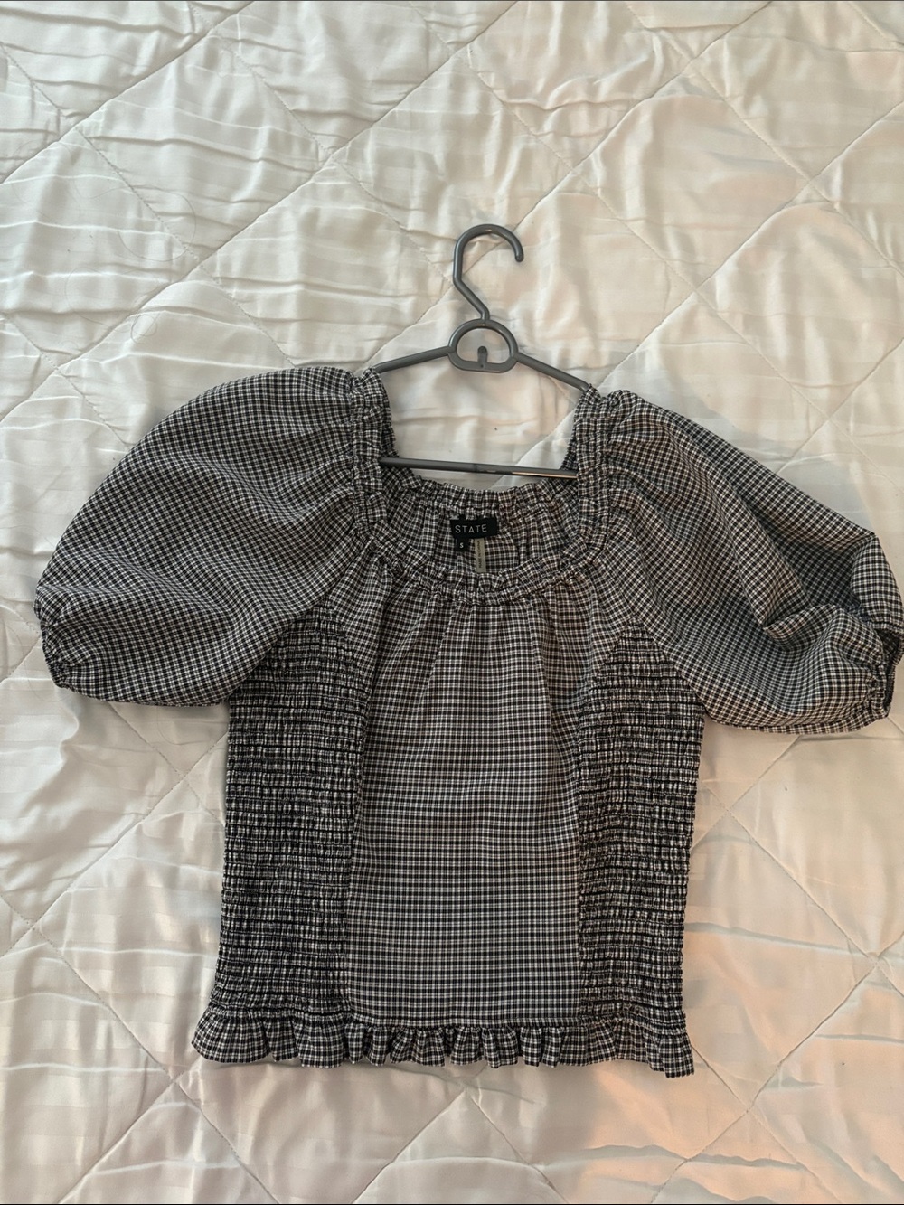 1. STATE Black & White Gingham Puff-Sleeve Smocked Blouse